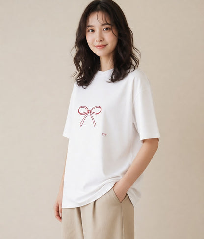プリントTシャツ レディース リボン 蝶結び ナチュラル アンティーク イラスト 線画 20代 カジュアルコーデ 白T