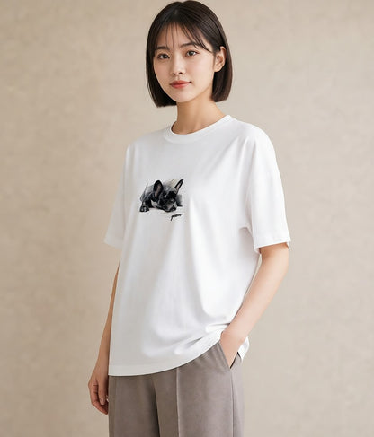 グラフィックTシャツ レディース フレンチブルドッグ フレブル 犬 いぬ イラスト 個性的 誕生日プレゼント 綿100 白T