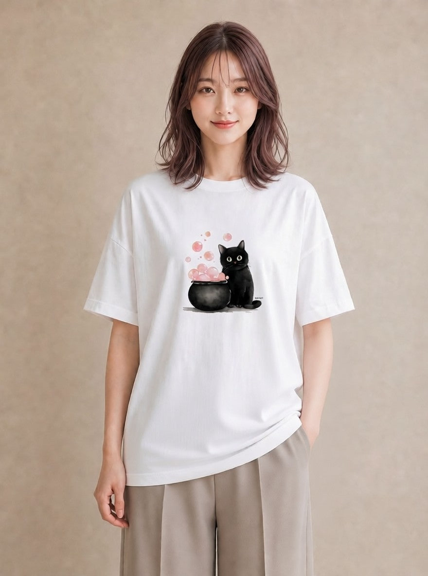 デザインTシャツ レディース ハチワレ 白黒猫 猫 ねこ イラスト 淡色 自分用 ルームウェア 白T