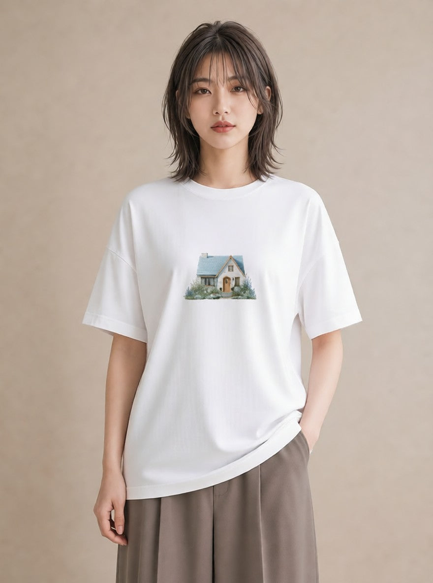 Tシャツ レディース 灯りの家 小屋 夜 ナチュラル アンティーク イラスト 上品 海 カフェ巡り 白T