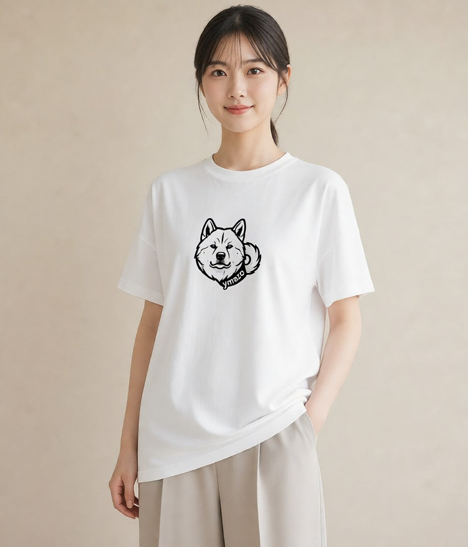 半袖Tシャツ レディース 秋田犬 犬 いぬ イラスト モード 海 カフェ巡り 白T