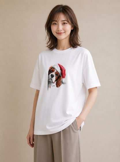 半袖Tシャツ レディース キャバリア 犬 いぬ イラスト 上品 ママ カフェ服 白T