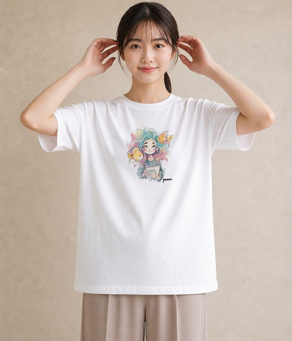グラフィックTシャツ レディース 人魚 海の生き物 海 イラスト ガーリー 普段着 週末コーデ 白T