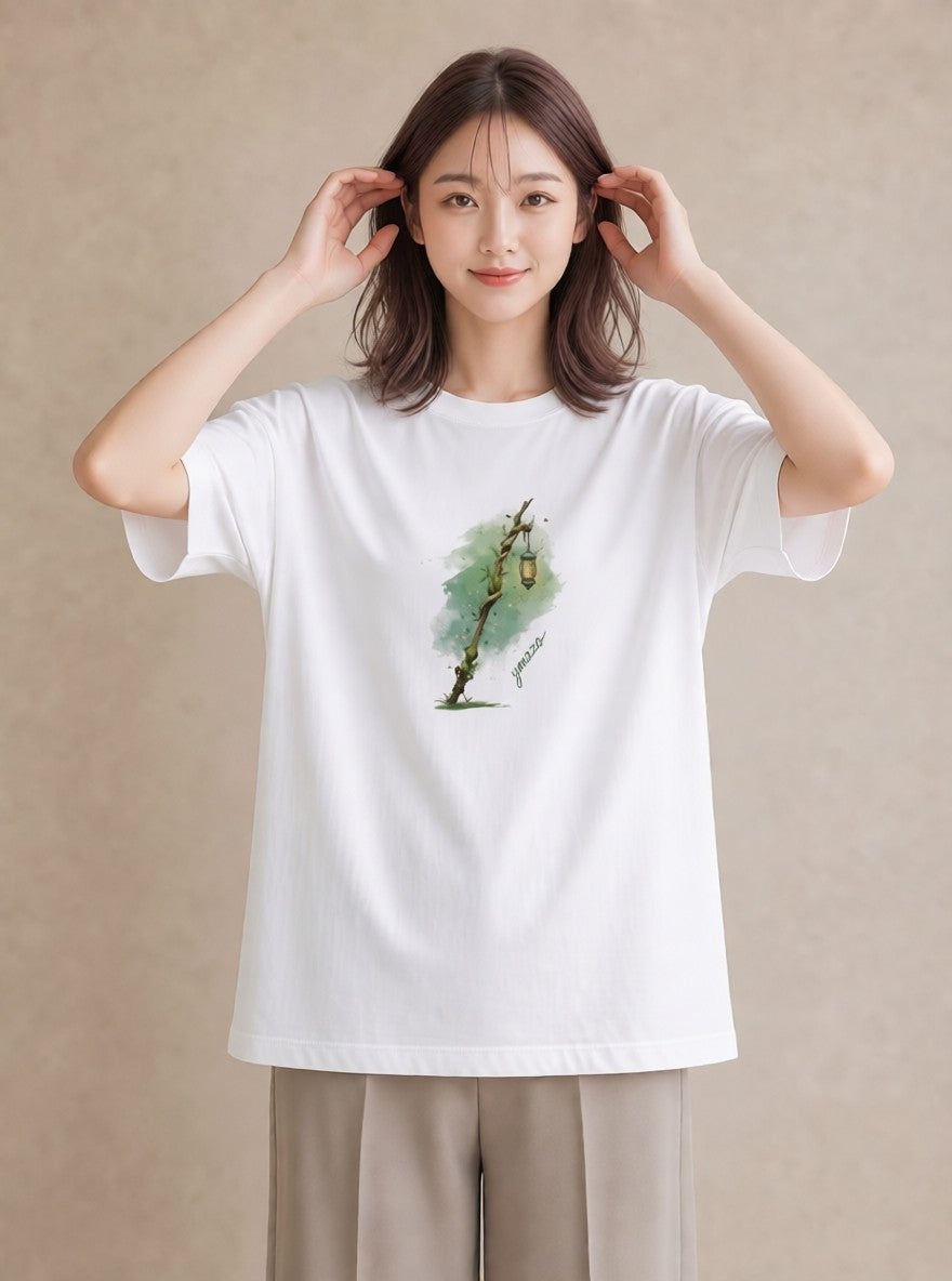 半袖Tシャツ レディース 街灯 夜霧 夜 ナチュラル アンティーク イラスト 旅行コーデ 旅行 母娘コーデ 白T