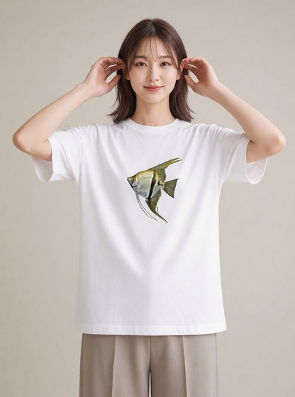 プリントTシャツ レディース 熱帯魚 海の生き物 海 イラスト 韓国風 買い物 夏コーデ 白T
