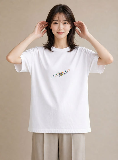 デザインTシャツ レディース 遠い家と鳥 風景 鳥 ナチュラル アンティーク イラスト 手描き風 週末コーデ 敬老の日 白T