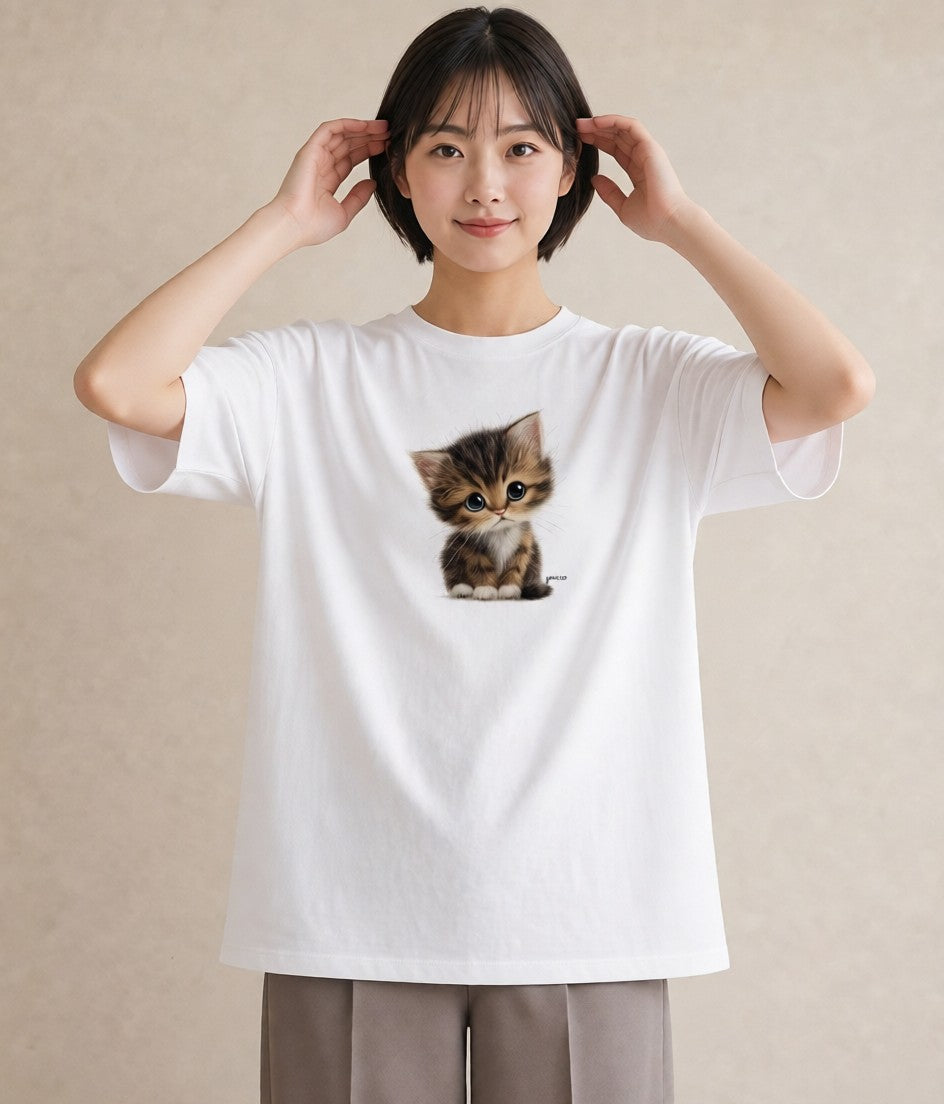 プリントTシャツ レディース 子猫 猫 ねこ イラスト こなれ感 カフェ巡り 女子会 白T