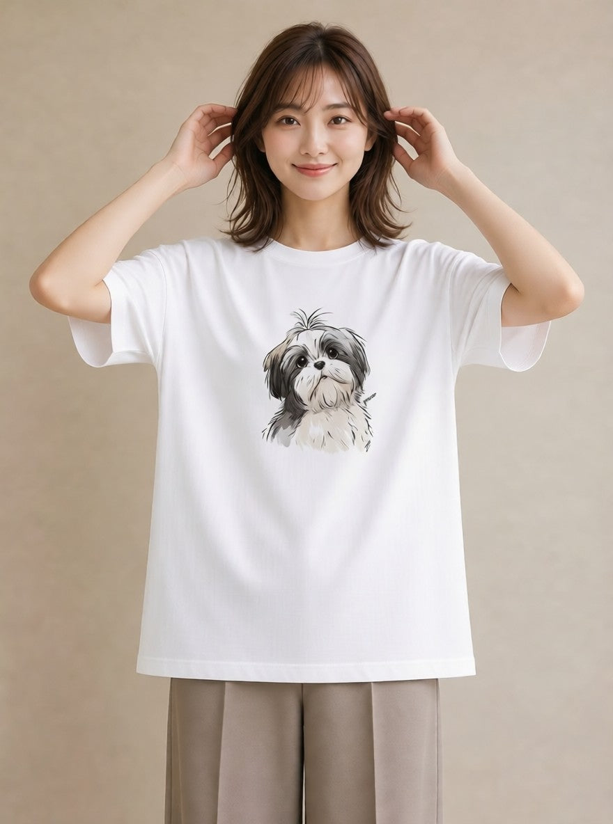グラフィックTシャツ レディース ペキニーズ 犬 いぬ イラスト カフェコーデ ミセス 春コーデ 白T
