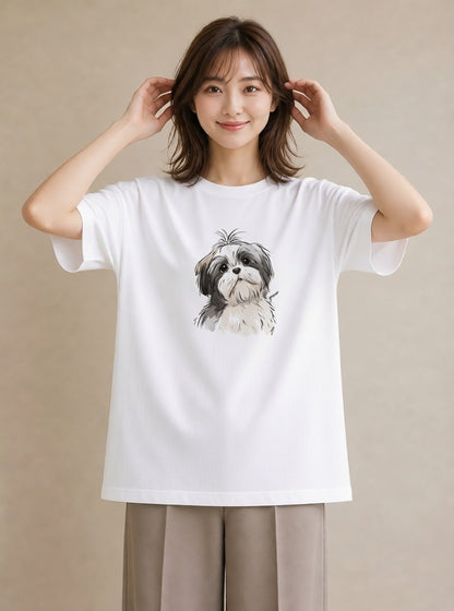 グラフィックTシャツ レディース ペキニーズ 犬 いぬ イラスト カフェコーデ ミセス 春コーデ 白T
