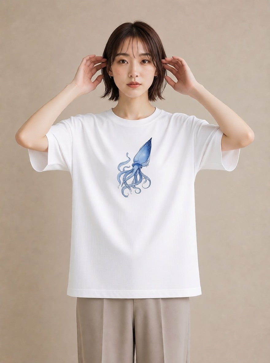 プリントTシャツ レディース タコ 海の生き物 海 イラスト モード 普段着 週末コーデ 白T