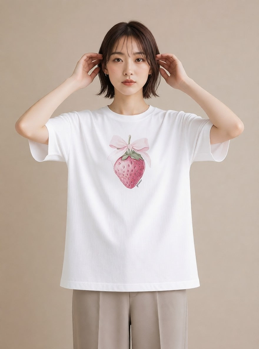 Tシャツ レディース いちご 苺 ストロベリー 食べ物 フード イラスト ミニマル ホワイトデー 春服 白T