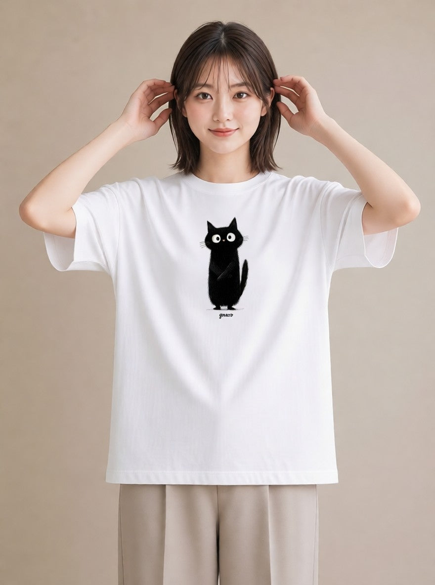 デザインTシャツ レディース 黒猫 猫 ねこ イラスト ゆるかわ 海 カフェ巡り 白T