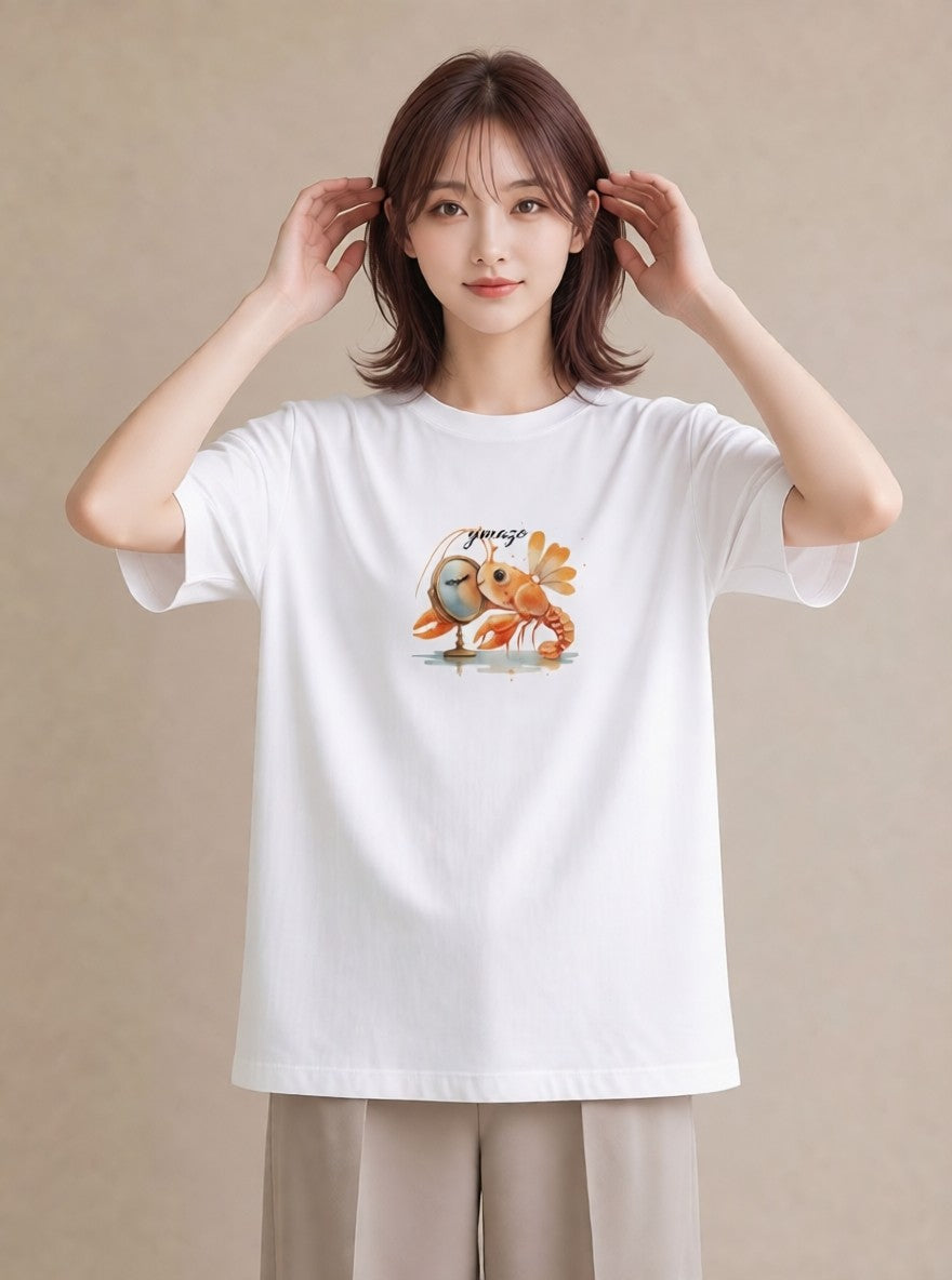 グラフィックTシャツ レディース エビ 海の生き物 海 イラスト ミニマル 綿100 デート 白T