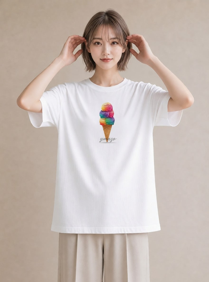 グラフィックTシャツ レディース ソフトクリーム 食べ物 フード イラスト 線画 普段着 週末コーデ 白T