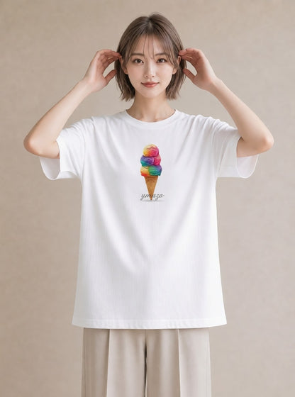 グラフィックTシャツ レディース ソフトクリーム 食べ物 フード イラスト 線画 普段着 週末コーデ 白T