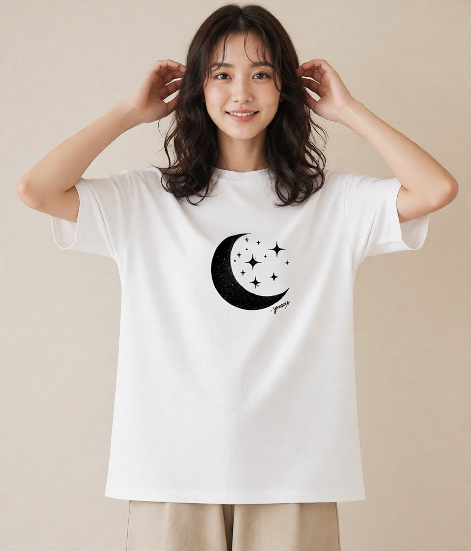 Tシャツ レディース 月と星 星空 ムーン イラスト モード 姉妹 送別ギフト 白T