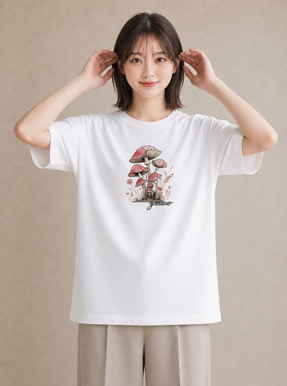 Tシャツ レディース きのこ 植物 ボタニカル イラスト 線画 自分用 ルームウェア 白T
