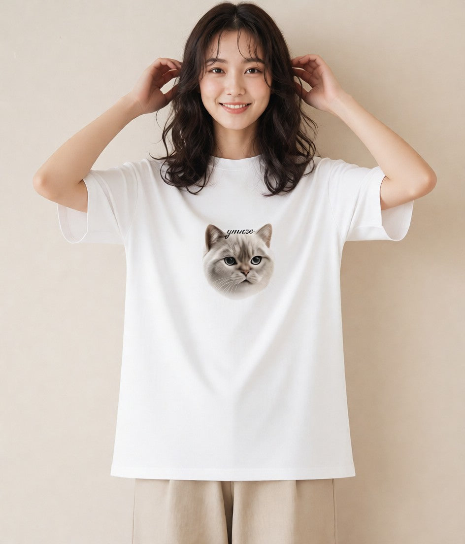 プリントTシャツ レディース シャム柄 猫 ねこ イラスト きれいめカジュアル 春服 ミセス 白T
