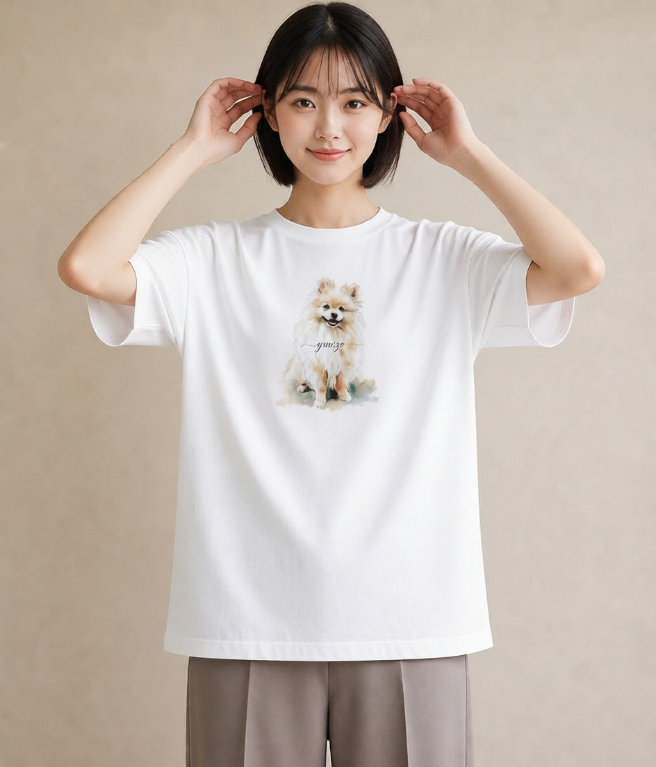 プリントTシャツ レディース ポメラニアン ポメ 犬 いぬ イラスト きれいめカジュアル 自分用 ルームウェア 白T