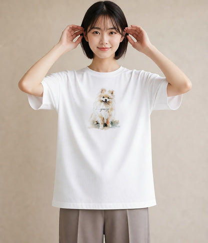プリントTシャツ レディース ポメラニアン ポメ 犬 いぬ イラスト きれいめカジュアル 自分用 ルームウェア 白T