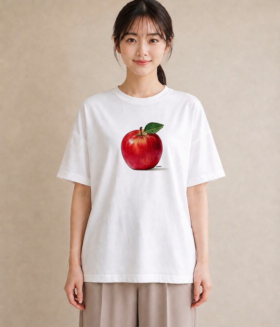 半袖Tシャツ レディース りんご 林檎 アップル 食べ物 フード イラスト レトロ カフェ服 クリスマス 白T