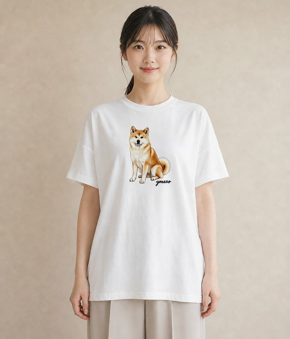 半袖Tシャツ レディース 秋田犬 犬 いぬ イラスト カフェコーデ ミセス 春コーデ 白T