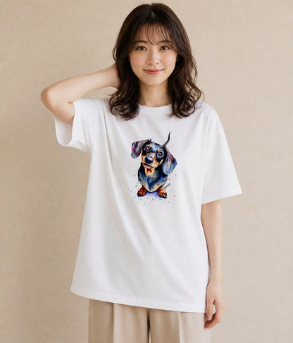 デザインTシャツ レディース ミニチュアダックスフンド 犬 いぬ イラスト ガーリー お出かけ 普段着 白T