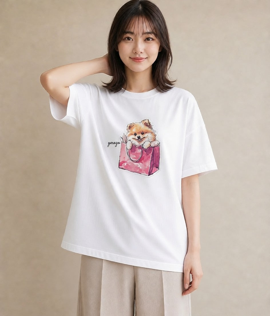 プリントTシャツ レディース ポメラニアン ポメ 犬 いぬ イラスト ラフ 通勤 在宅 白T