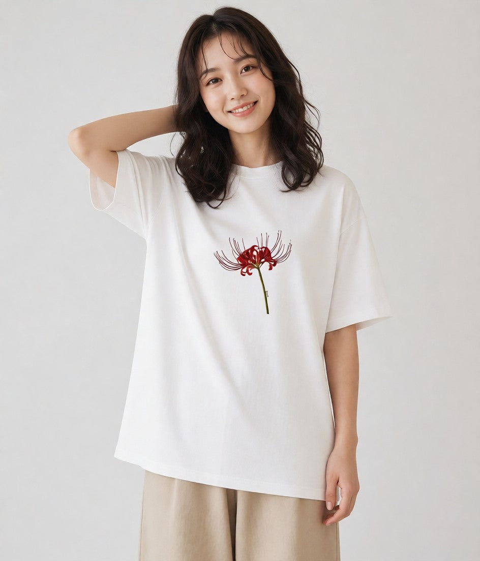 グラフィックTシャツ レディース 彼岸花 花 花柄 イラスト ヴィンテージ風 散歩 お出かけ 白T