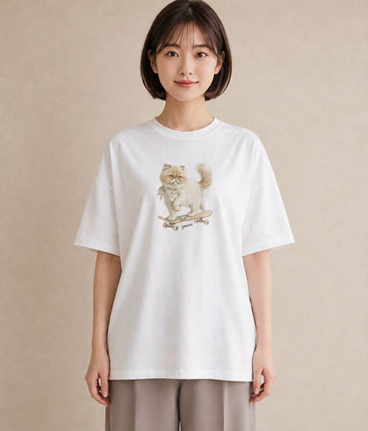Tシャツ レディース ペルシャ 猫 ねこ イラスト 個性的 春服 ミセス 白T
