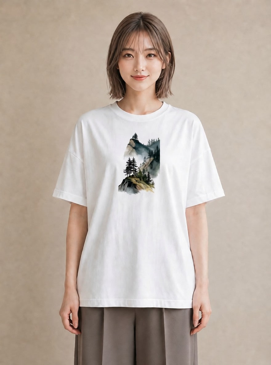 プリントTシャツ レディース 山 星空 宇宙 イラスト ラフ デイリーウェア 休日 白T
