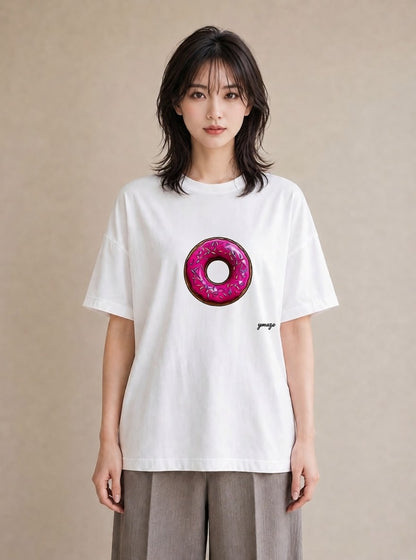 グラフィックTシャツ レディース ドーナツ 食べ物 フード イラスト シック デイリーウェア 休日 白T
