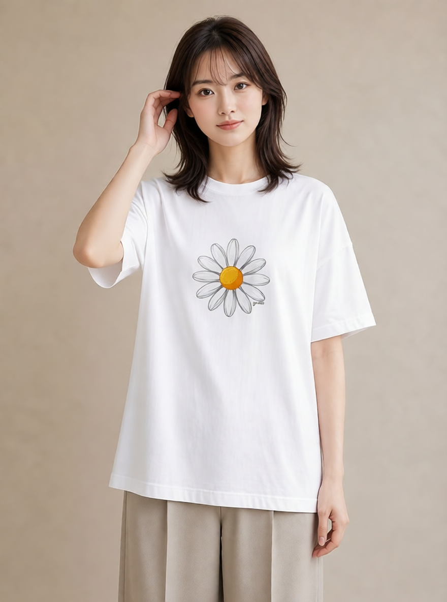 グラフィックTシャツ レディース マーガレット 花 花柄 イラスト 淡色 ラフ レイヤード 白T