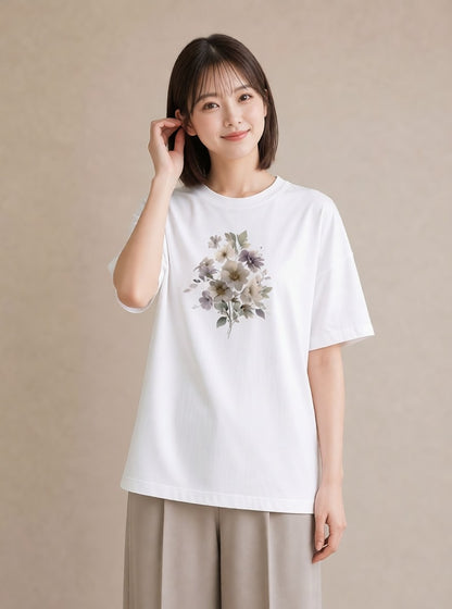 プリントTシャツ レディース 花 花柄 イラスト 買い物 夏コーデ 白T