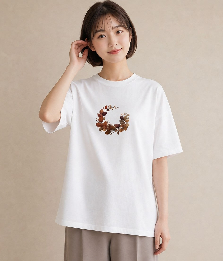 半袖Tシャツ レディース 落ち葉 植物 ボタニカル イラスト 上品 夏コーデ 通学 白T