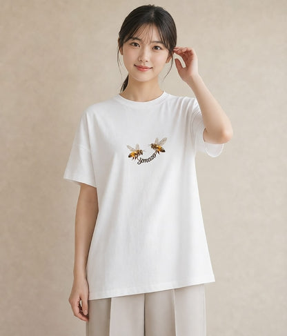 半袖Tシャツ レディース ハニー 食べ物 フード イラスト カジュアル 海 カフェ巡り 白T