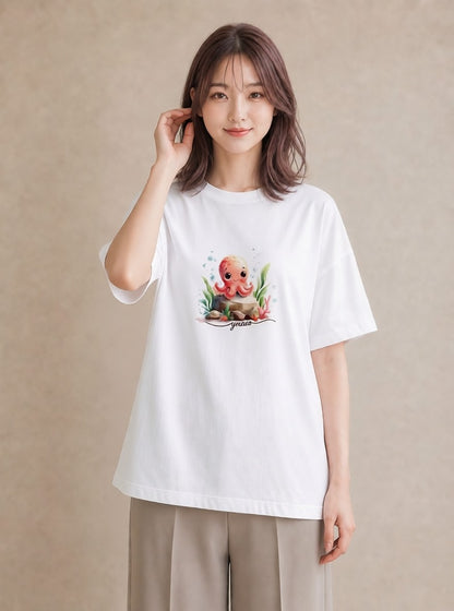 グラフィックTシャツ レディース イカ 海の生き物 海 イラスト 北欧風 敬老の日 ホワイトデー 白T