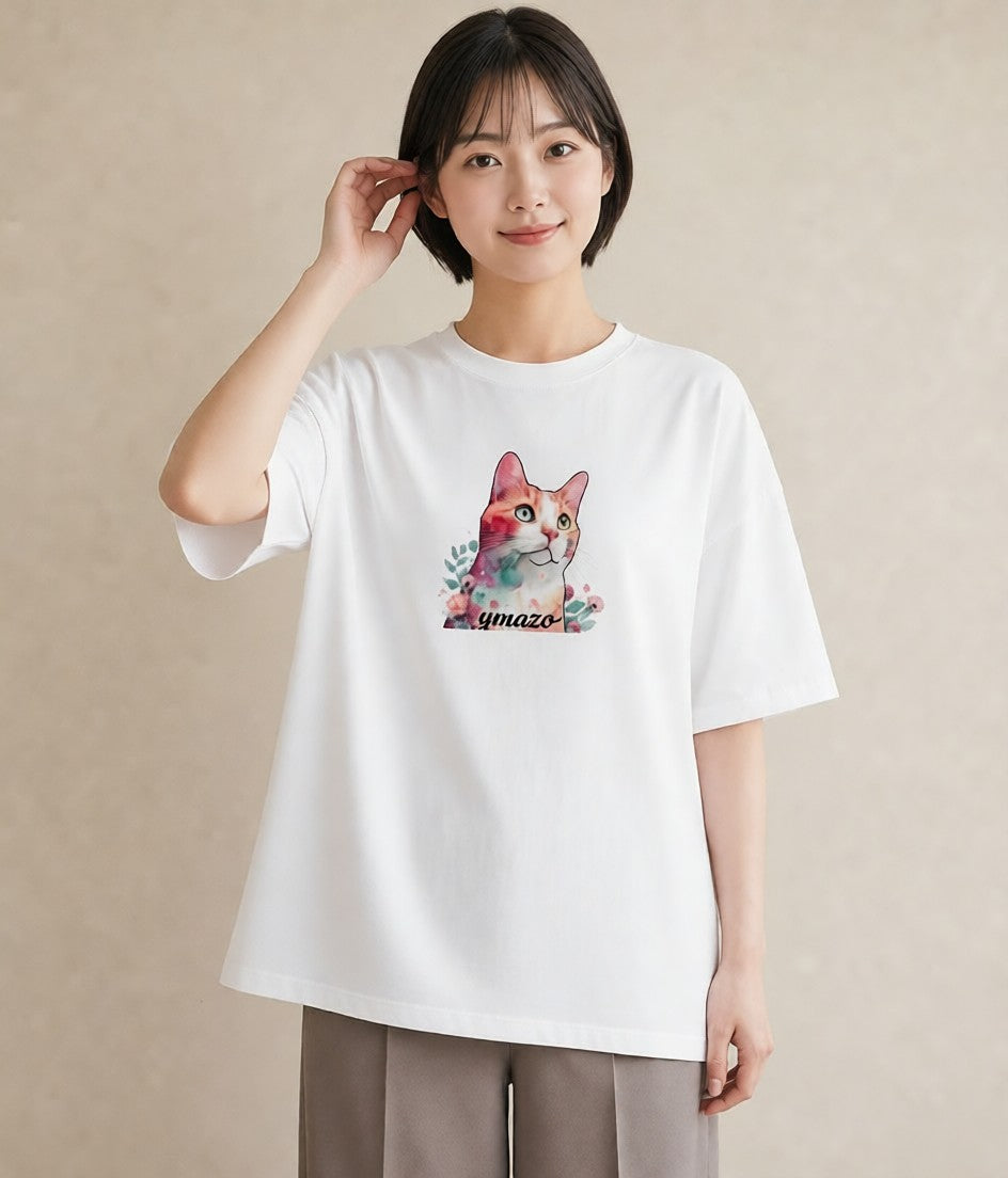 プリントTシャツ レディース ねこ 猫 ネコ イラスト 水彩風 母の日 ビーチ 白T