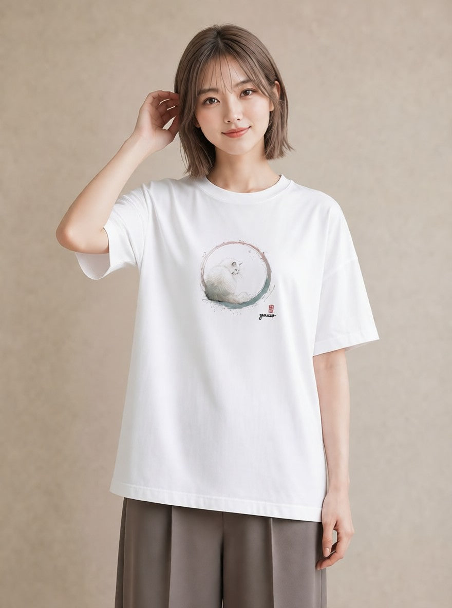 グラフィックTシャツ レディース ペルシャ 猫 ねこ イラスト 淡色 在宅 公園 白T