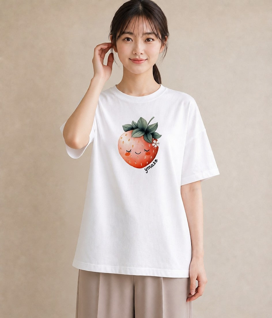 グラフィックTシャツ レディース いちご 苺 ストロベリー 食べ物 フード イラスト 淡色 レイヤード 友達ギフト 白T