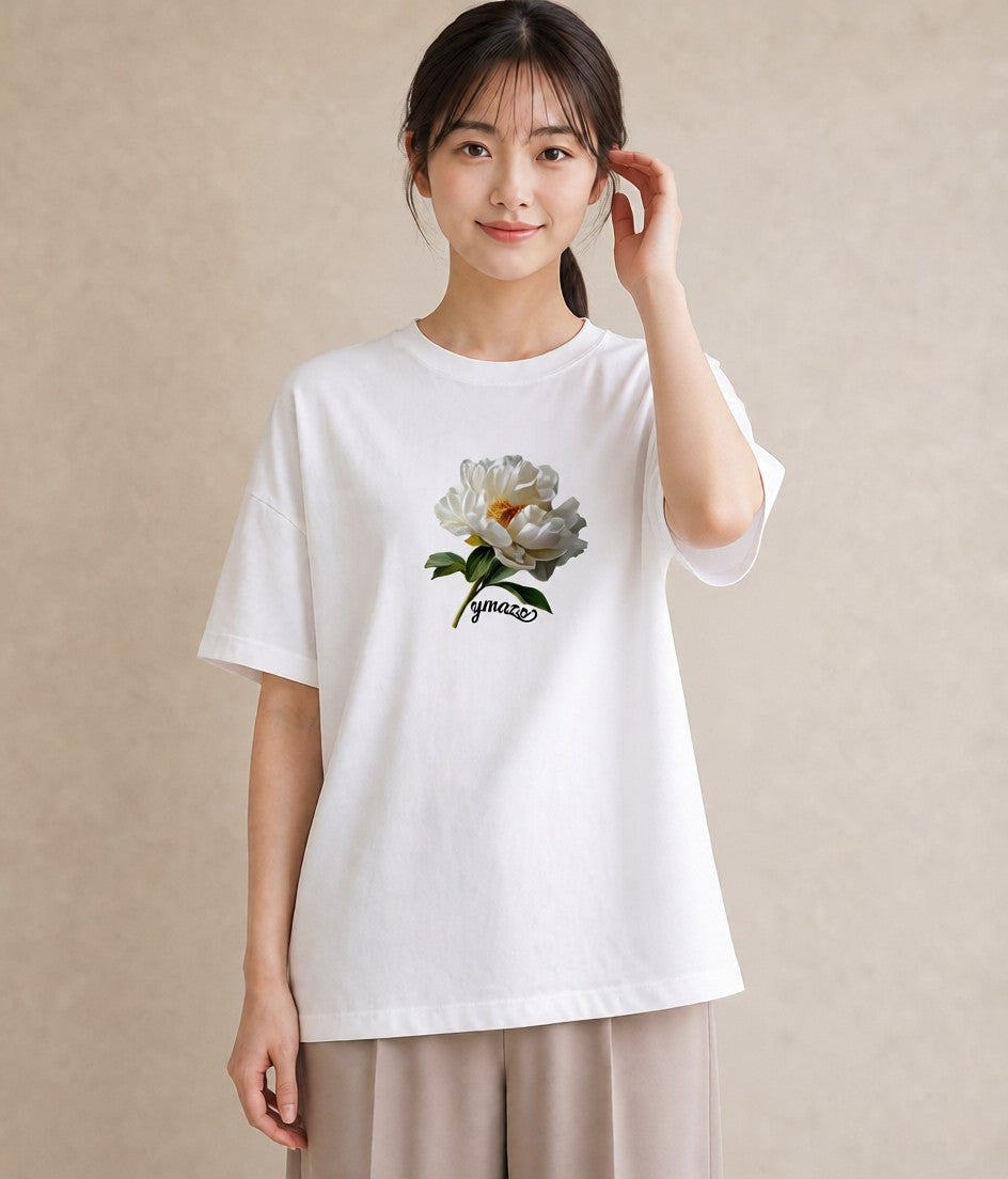 半袖Tシャツ レディース 牡丹 花 花柄 イラスト きれいめカジュアル 旅行用 海 白T