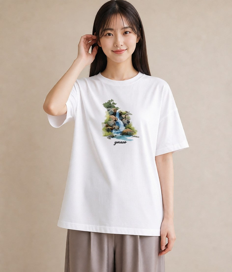 グラフィックTシャツ レディース 小川 橋 せせらぎ ナチュラル アンティーク イラスト シック クリスマス 旅行 白T