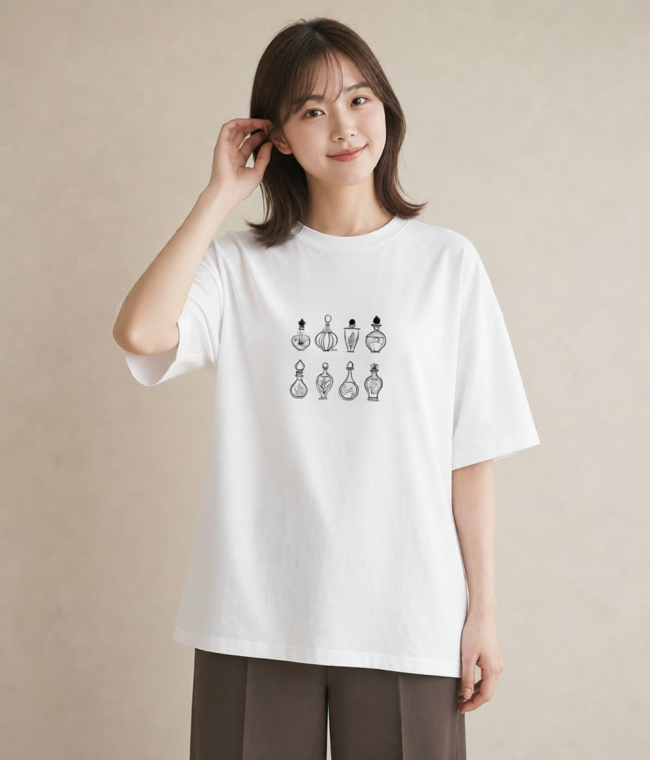 プリントTシャツ レディース 香水 香水瓶 パフューム イラスト ミニマル 秋コーデ おしゃれギフト 白T
