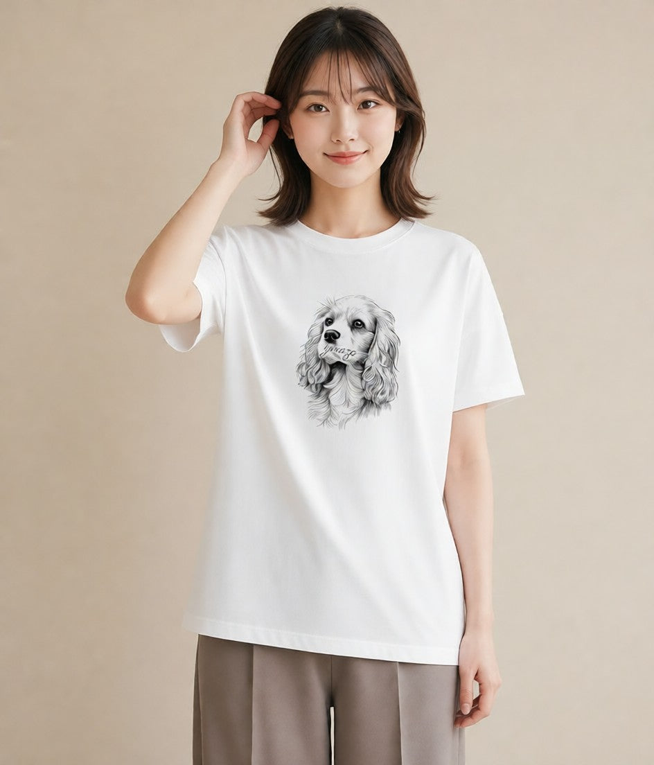 プリントTシャツ レディース キャバリア 犬 いぬ イラスト ボタニカル 女性向けギフト 散歩 白T