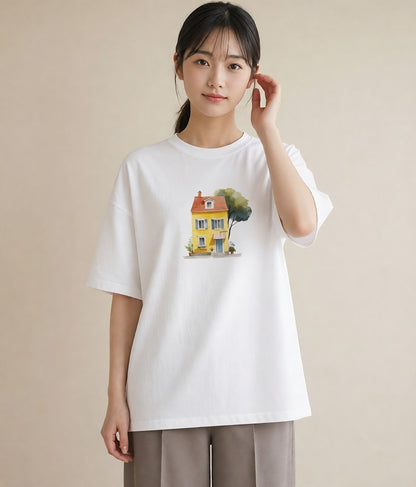 Tシャツ レディース 灯りの家 小屋 夜 ナチュラル アンティーク イラスト 上品 旅行 母娘コーデ 白T