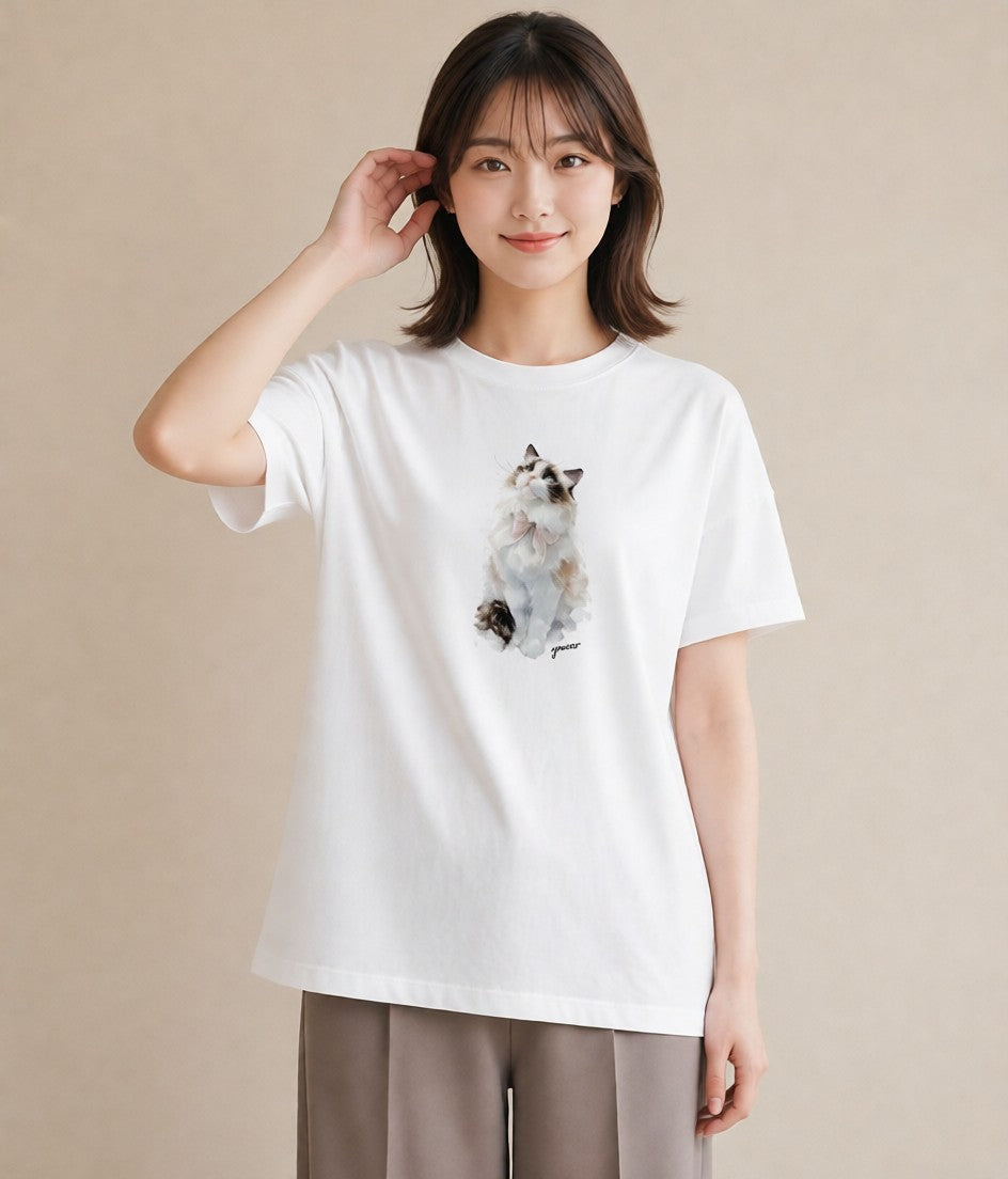 グラフィックTシャツ レディース メインクーン 猫 ねこ イラスト ガーリー 誕生日プレゼント 綿100 白T