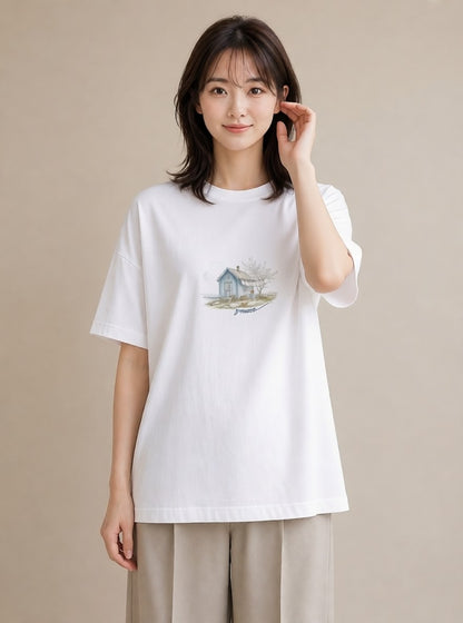 プリントTシャツ レディース 湖畔の小屋 湖 小屋 ナチュラル アンティーク イラスト 可愛い レイヤード 友達ギフト 白T