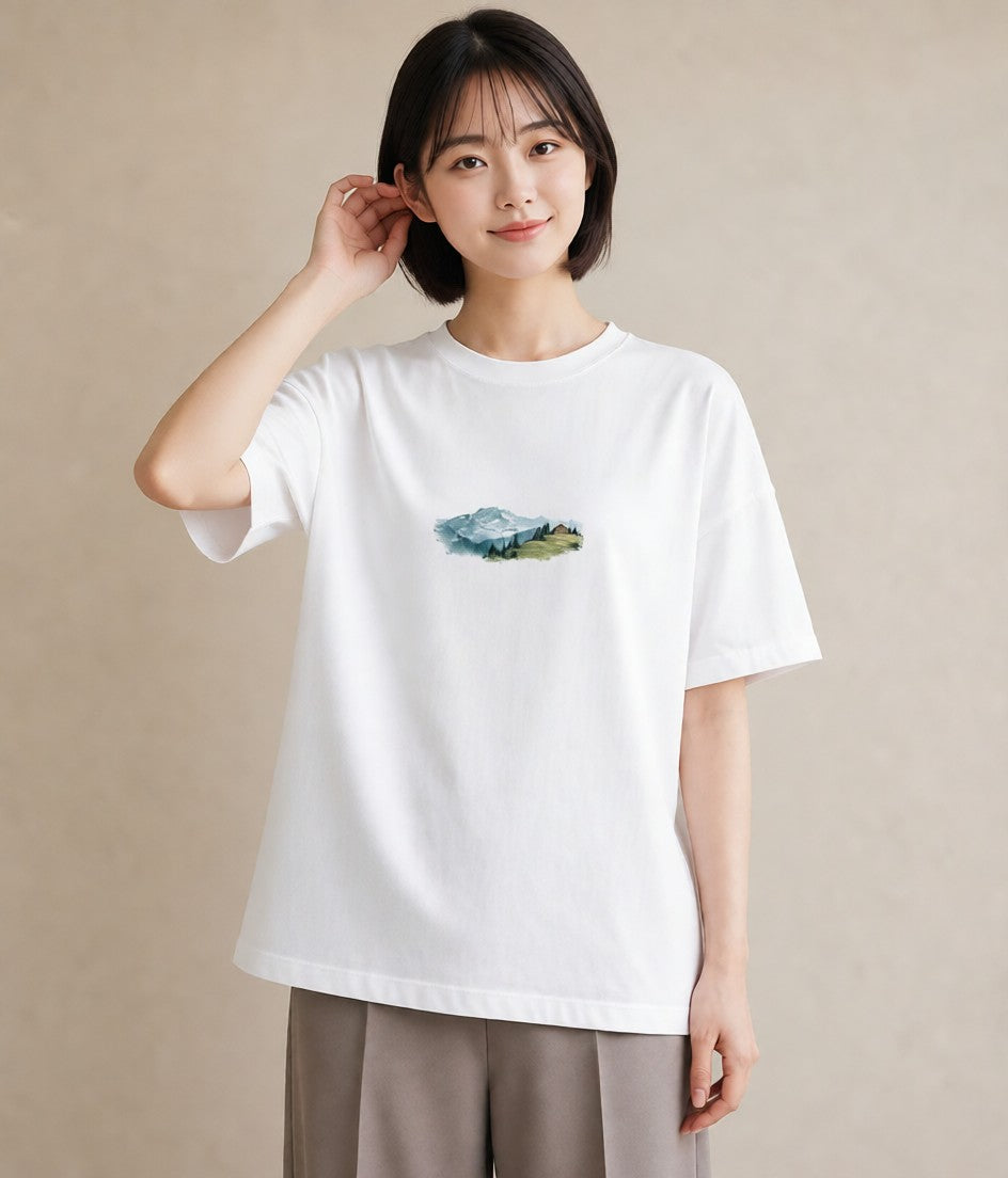 グラフィックTシャツ レディース 山 星空 宇宙 イラスト ラフカジュアル 母の日 ビーチ 白T