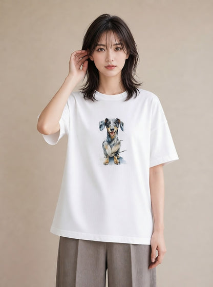 半袖Tシャツ レディース 老犬 犬 いぬ イラスト 北欧風 ママ カフェ服 白T