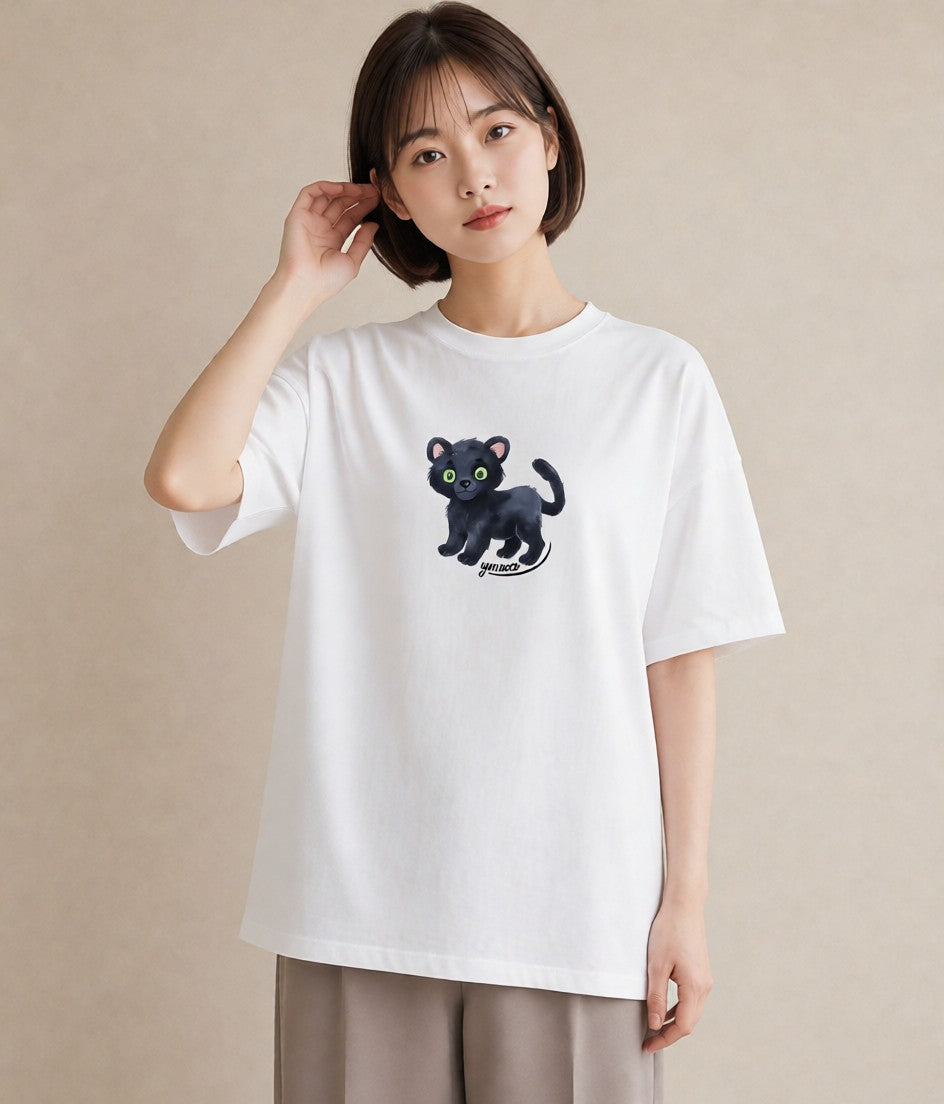 Tシャツ レディース 黒猫 猫 ねこ イラスト 可愛い 通学 誕生日プレゼント 白T